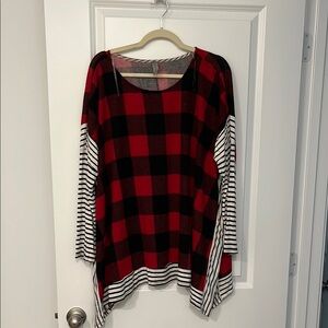 NWOT Honeyme Red and Black Plaid Tunic with Striped Sleeves